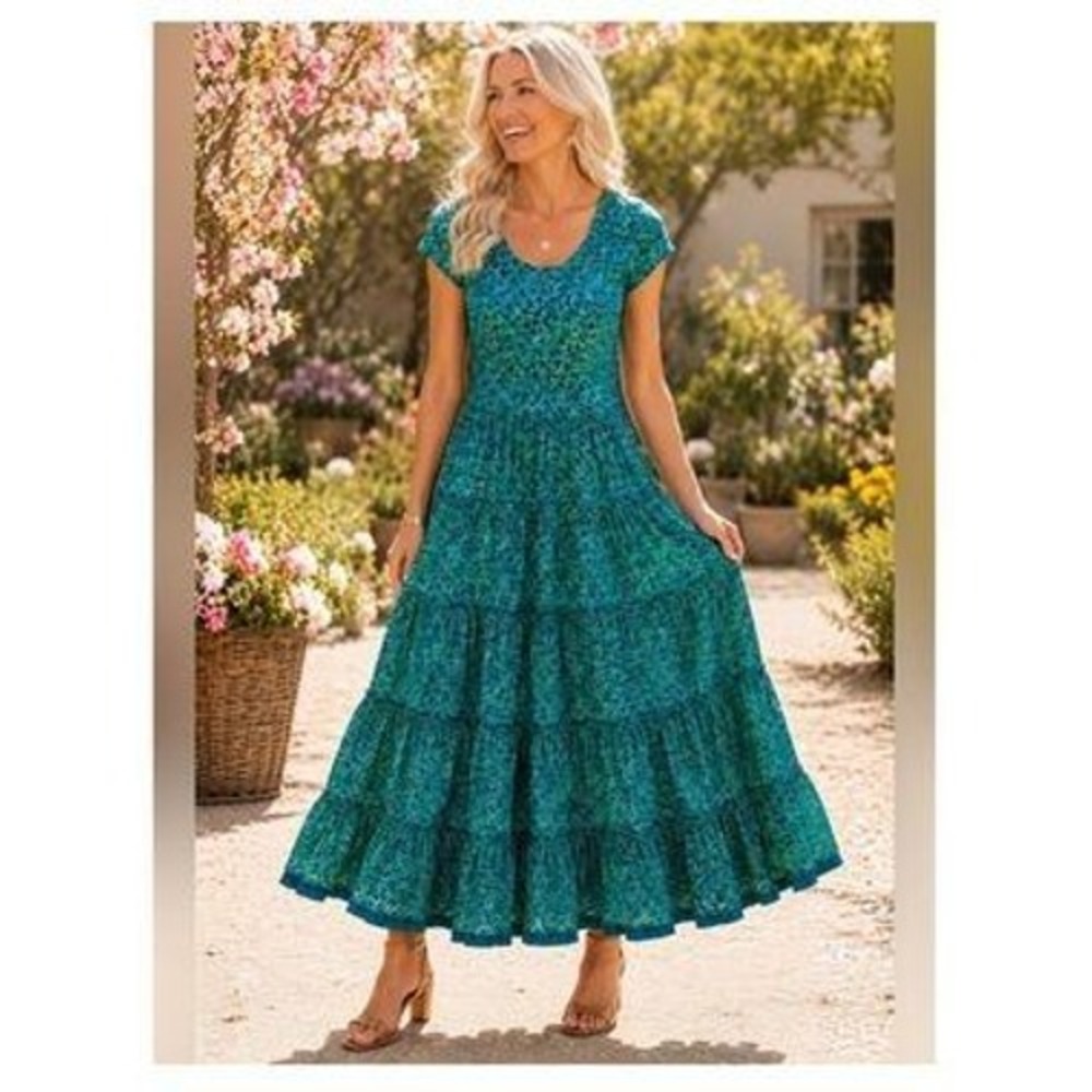 Soft Surroundings Maxi Dress Womens PL Green Blue Geometric Tiered Rayon 2FN98